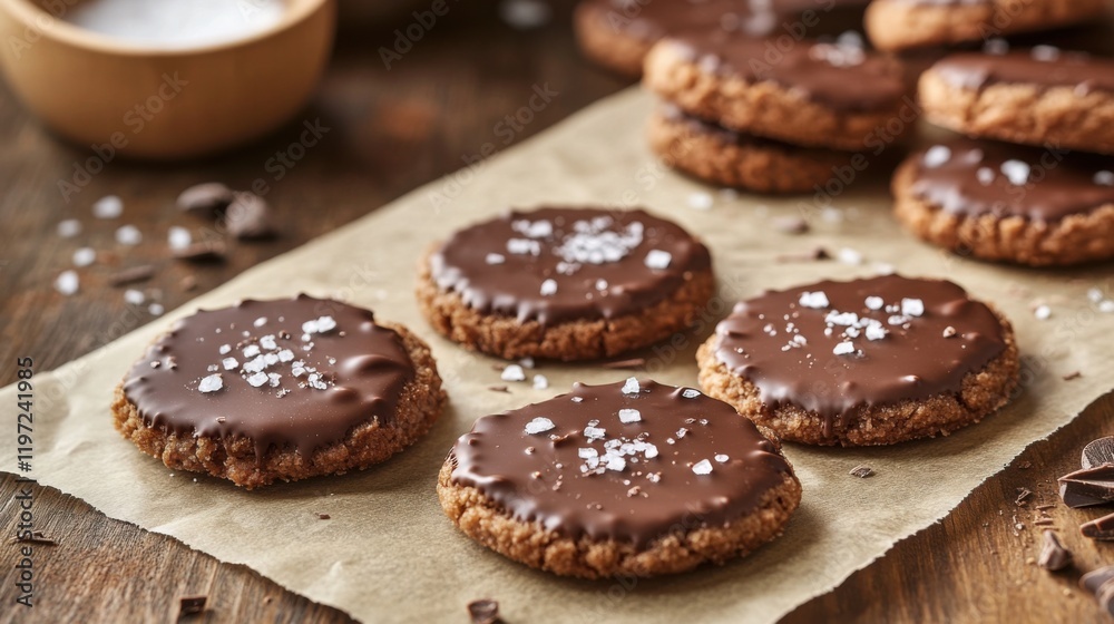 Delicious cookies with melted chocolate and sea salt, placed on parchment paper Delicious cookies with melted chocolate and sea salt, placed on parchment paper