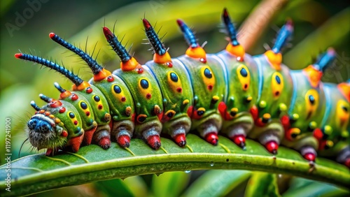 Giant silkworm larva, a Cecropia moth caterpillar, captured in stunning macro detail. photo