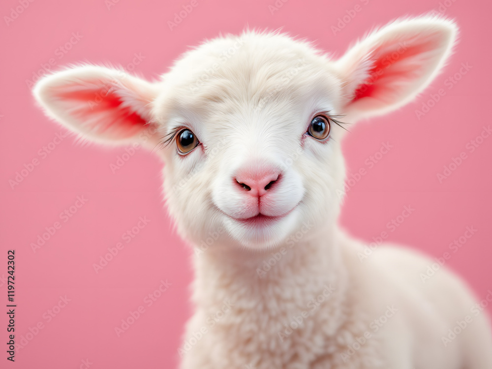 Baby lamb on pink background, close-up. Baby lamb on pink background, close-up.