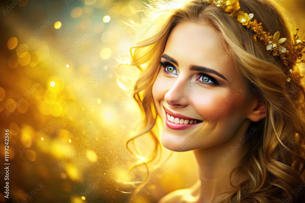 Her happy face, calm and content, showcases a joyful, peaceful golden smile. Her happy face, calm and content, showcases a joyful, peaceful golden smile.