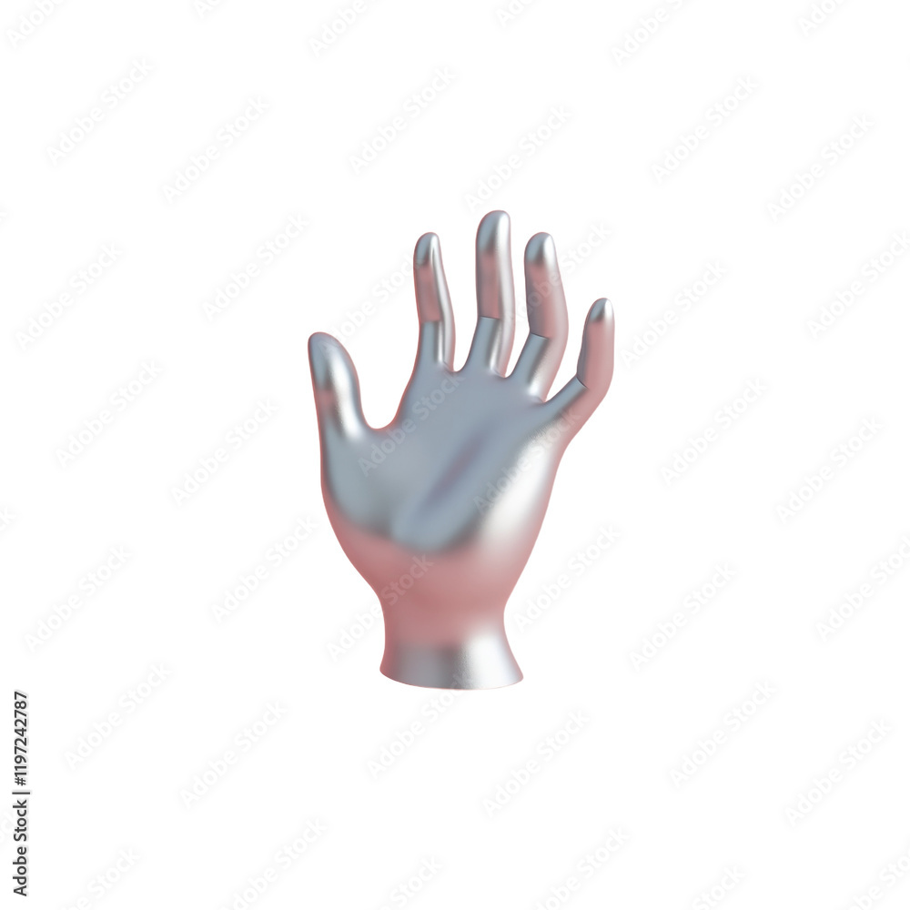 Obraz premium 3d render of a metallic silver hand on pink background