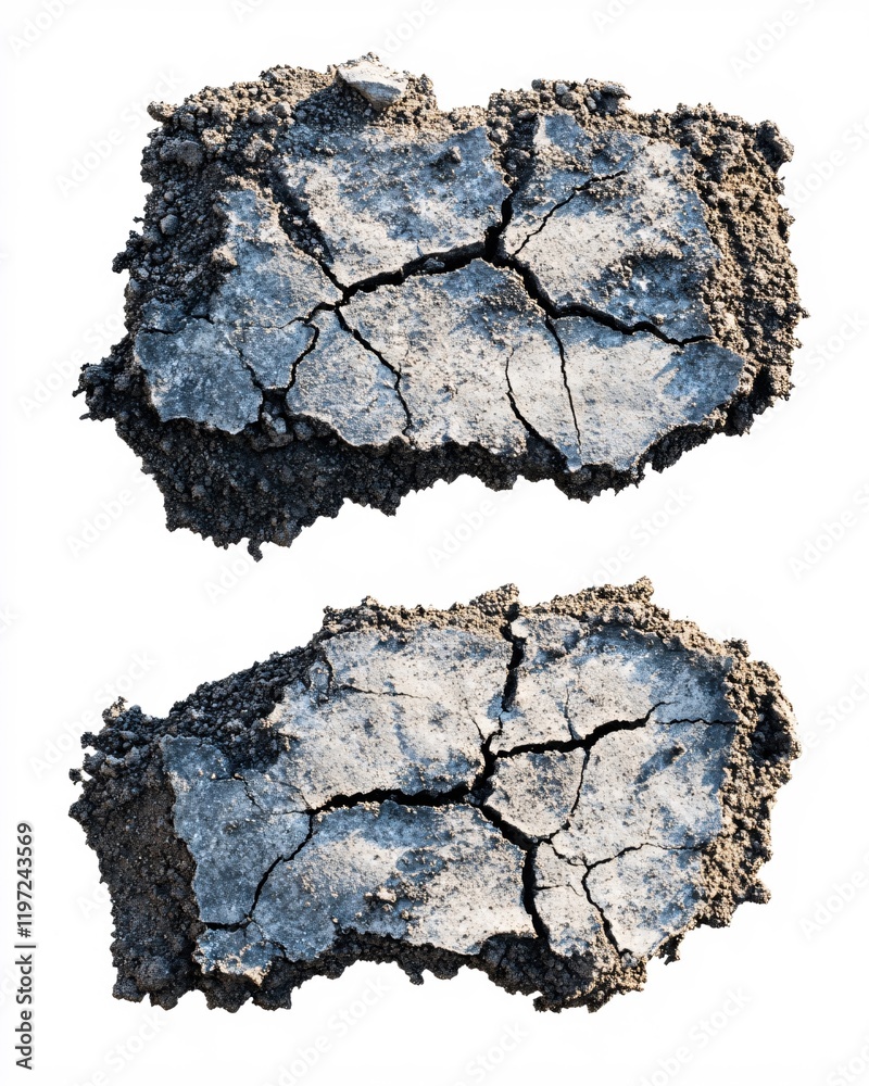Fototapeta premium Dry Cracked Earth Soil Samples Isolated on White Background
