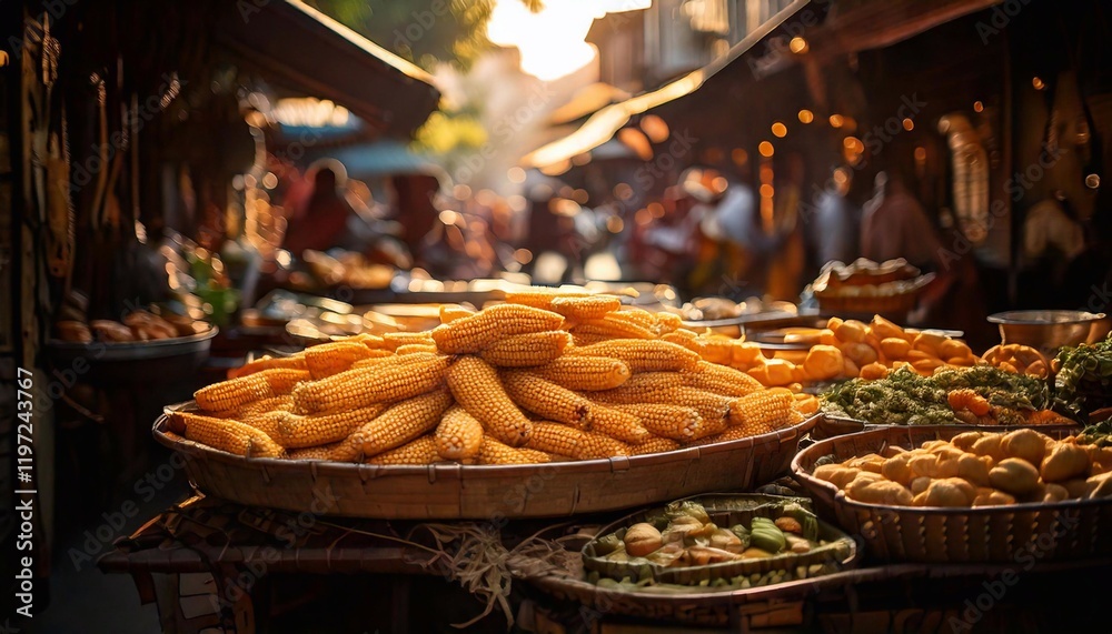 Fototapeta premium Vibrant street food market bustling with activity during golden hour