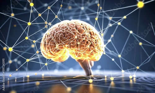 A 3D animation showing the formation of a glowing digital brain built from plexus structures. Pulsating lines and dots represent AI learning and decision-making processes, 4k Animation Video