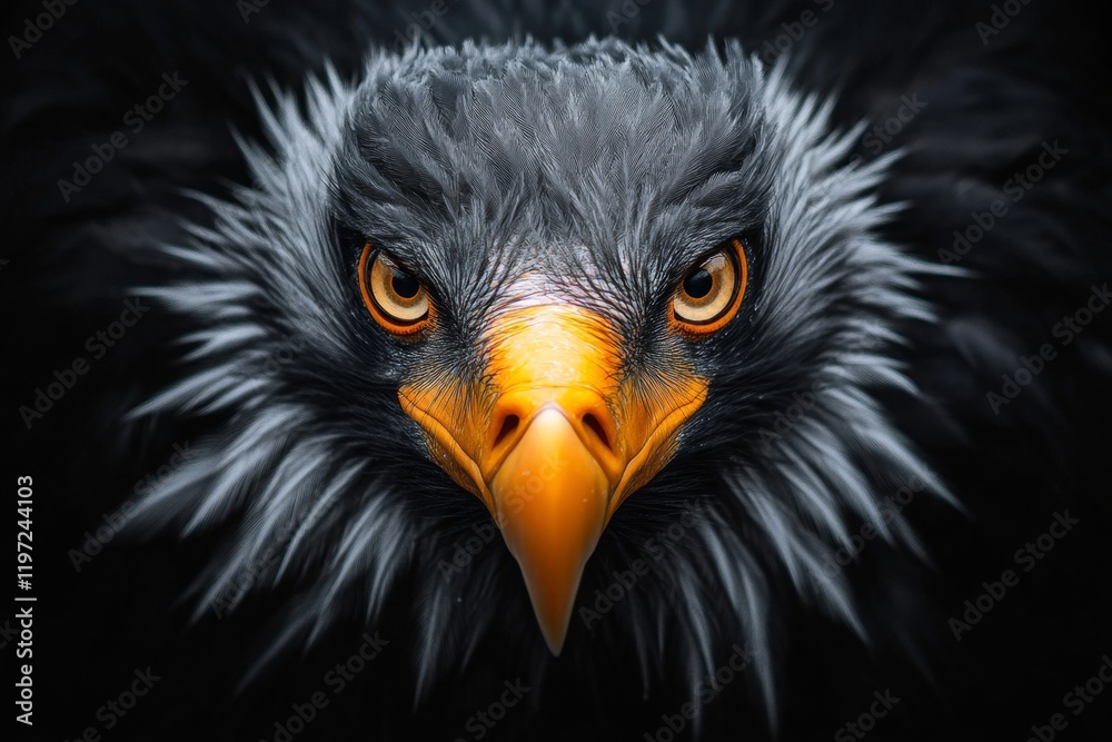 A close-up of a vulture intense eyes, with the surrounding textures of its face and feathers in sharp focus A close-up of a vulture intense eyes, with the surrounding textures of its face and feathers in sharp focus