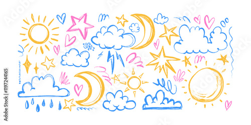 Set of Cute Clouds, Stars, Sun and Moon Grunge Hand Drawn Design Elements. Banner with cute night and day artistic icons