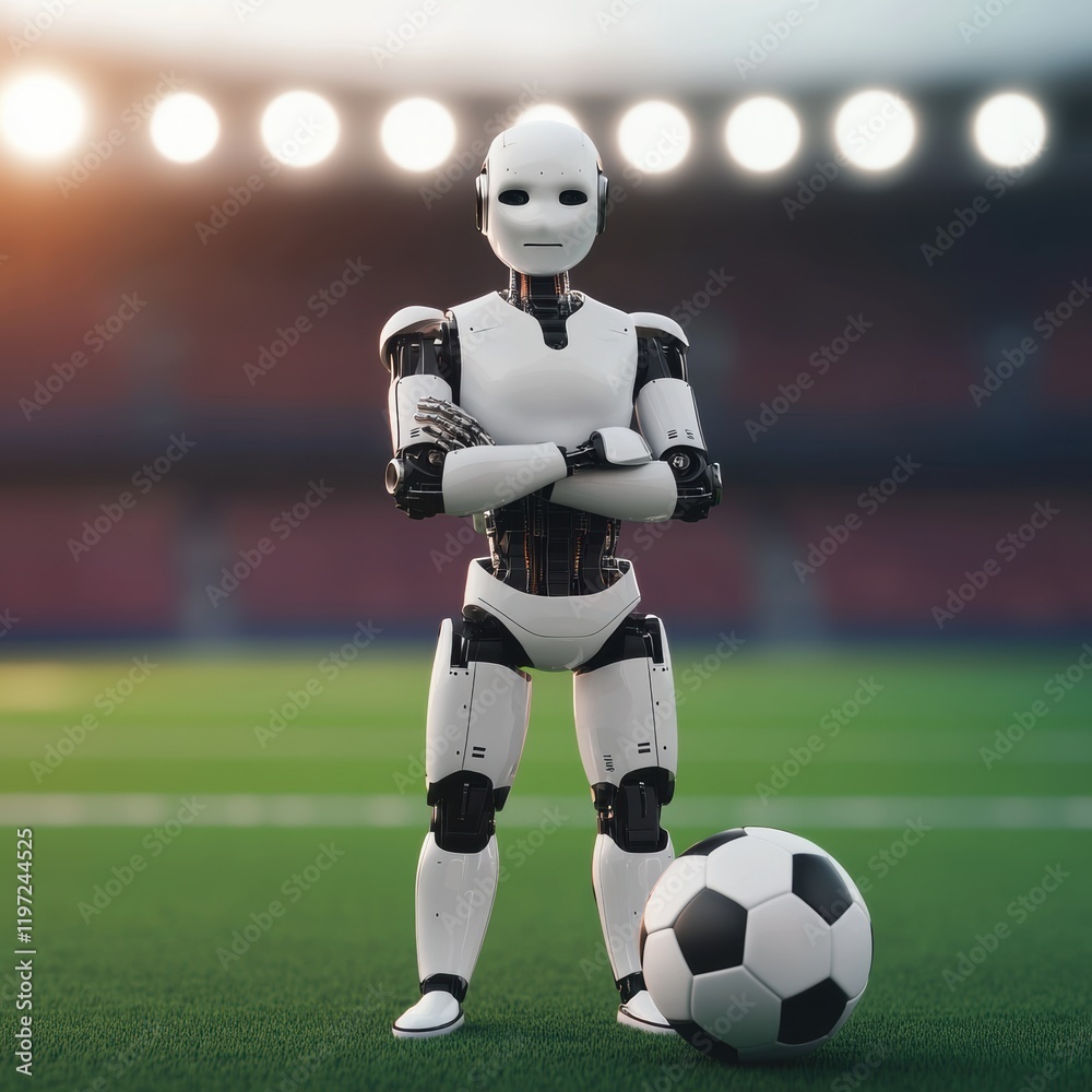 Fototapeta premium Robot Soccer Player Standing Confidently on Green Field
