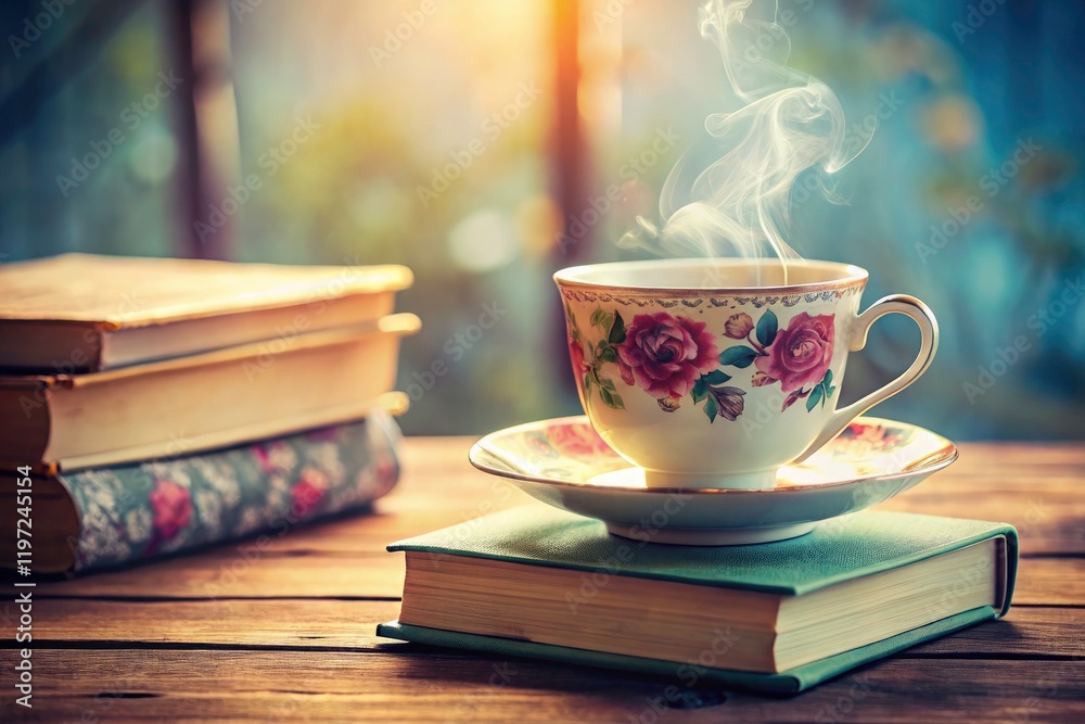 Soft focus captures a stack of pastel teacups; a vintage tea party in a photograph. Soft focus captures a stack of pastel teacups; a vintage tea party in a photograph.