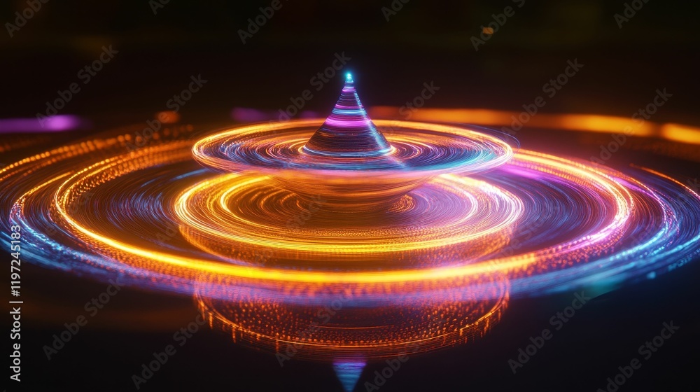 Fototapeta premium Glowing rings circle a spinning cone shape.