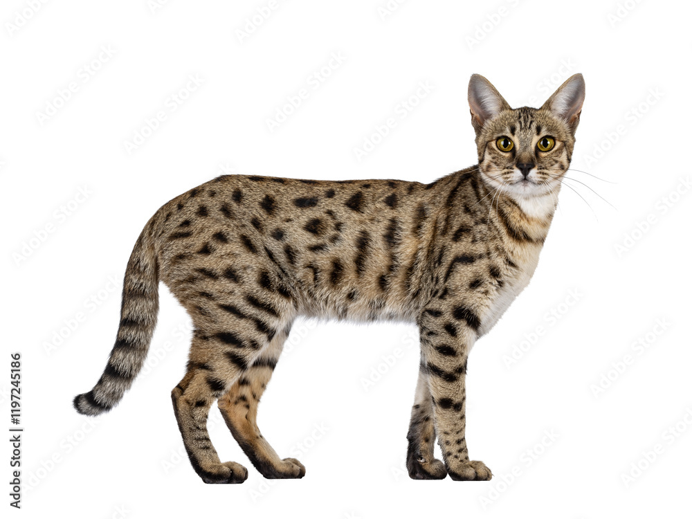 Gorgeous F6 Savannah cat, standing side ways. Looking straight to camera. Isolated cutout on a transparent background. Gorgeous F6 Savannah cat, standing side ways. Looking straight to camera. Isolated cutout on a transparent background.