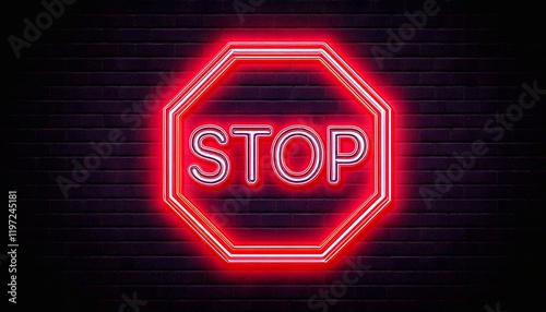 Neon stop sign illuminating a dark urban environment at night