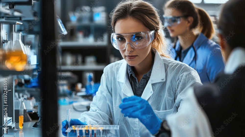 A focused female scientist in lab attire conducts experiments in a state-of-the-art laboratory, illustrating dedication to research and innovation. A focused female scientist in lab attire conducts experiments in a state-of-the-art laboratory, illustrating dedication to research and innovation.