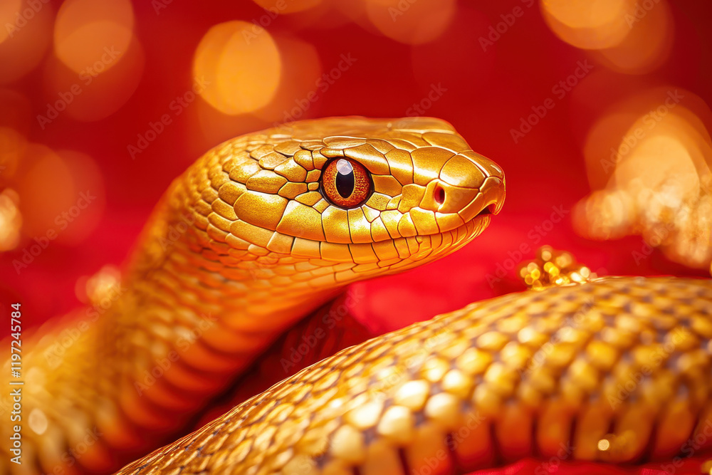 Golden snake with intricate scales on vibrant red background