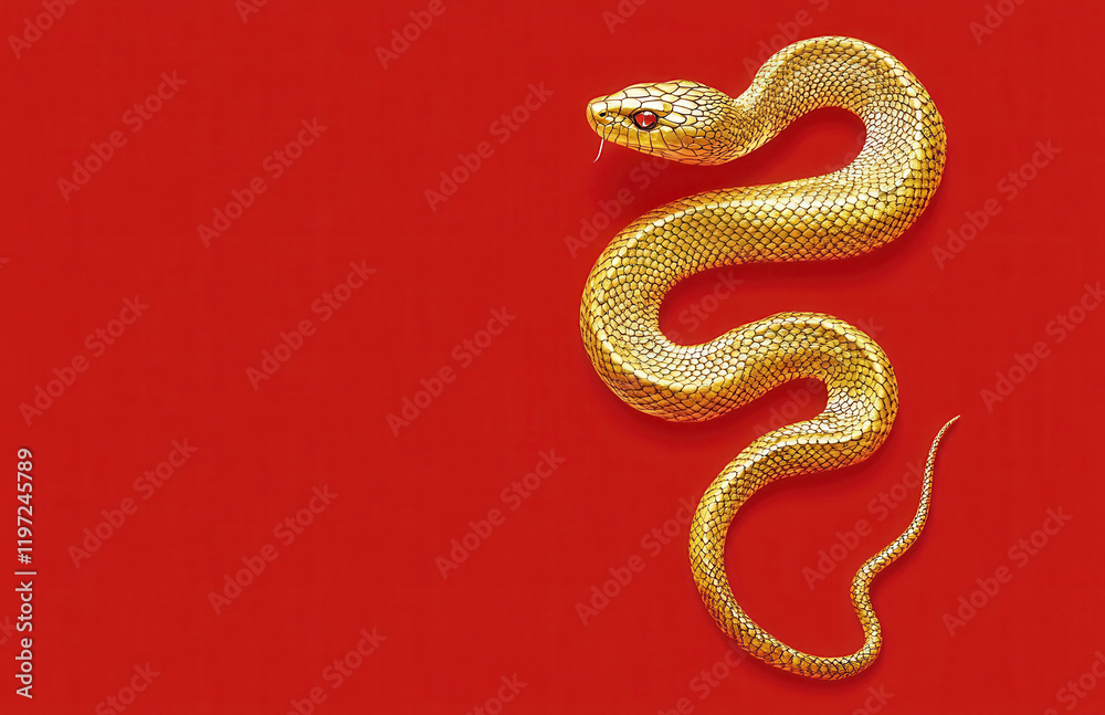 Golden snake on vibrant red background, symbolizing prosperity and luck