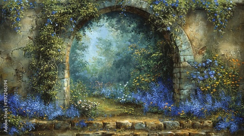 Fototapeta Naklejka Na Ścianę i Meble -  A beautifully overgrown stone archway leads into a vibrant garden filled with colorful flowers and lush greenery, creating a serene