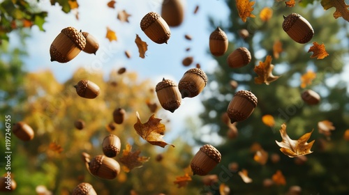 Acorns and leaves fall against a blurred, wooded background.