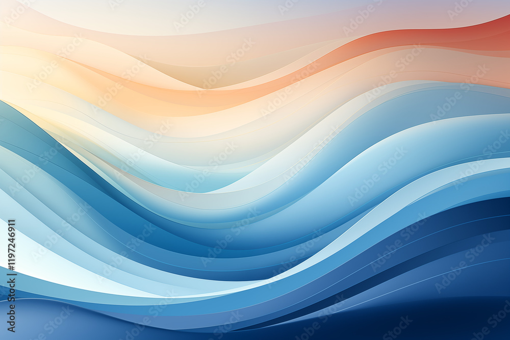 Fototapeta premium A minimalist depiction of ocean waves using flowing lines and gradients in varying shades of blue, from deep navy to soft teal