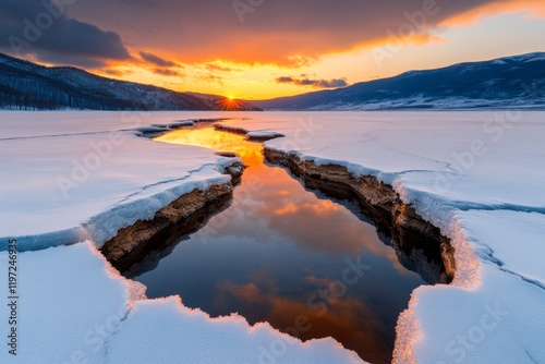 A cracked, icy lake reflecting a cloudy sky, symbolizing fragility and danger beneath the surface