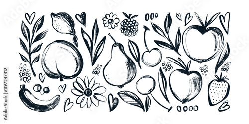 Food Banner with Black Grunge Fruits, Leaves and Flowers. Black sketched inked artistic elements . Hand drawn organic nature set