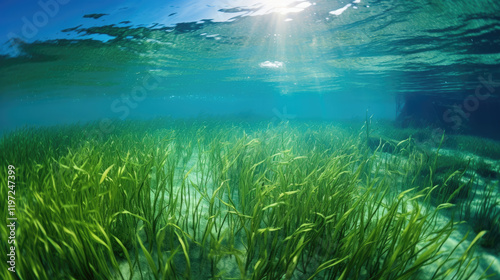 Vibrant Underwater Seagrass Meadow Bathed in Sunlight