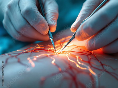 Close-Up of Pediatric Surgeons Operating on a Small Patient with Behind-the-Ear Lymphadenitis in a Sterile Operating Room photo