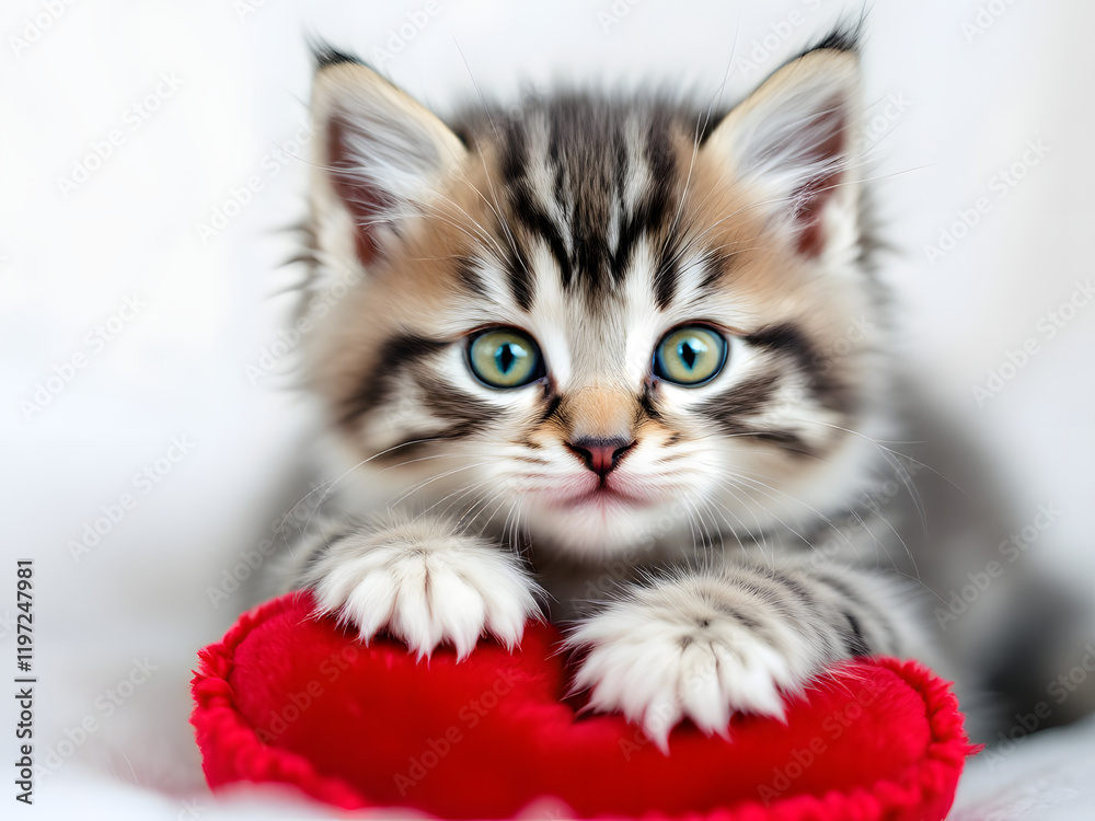 Kitten with red heart, Valentine's Day symbol Kitten with red heart, Valentine's Day symbol