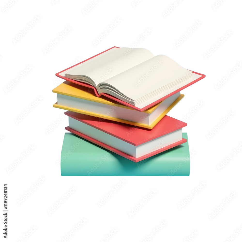 stack of colorful books with an open book on top against a light blue backdrop