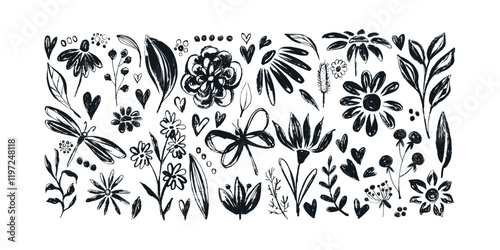 Grunge Ink Floral Banner with Cute Hand Drawn Herbs and Insects. Botanical design elements isolated on white background