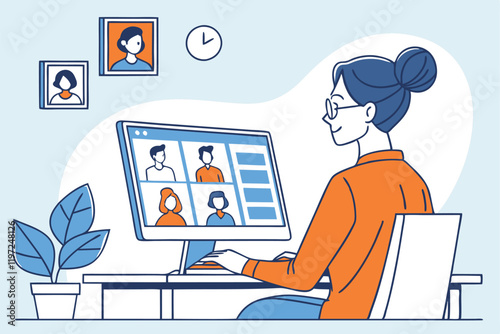 Flat illustration, woman in orange shirt at desk, video conference call, computer monitor with four participants, remote work, digital communication, modern office, blue and orange color scheme, minim