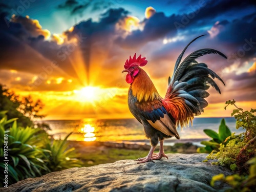 Vintage Bohol rooster, Balicasag's sunrise awakens. Cock-a-doodle-doo! Island dawn. photo