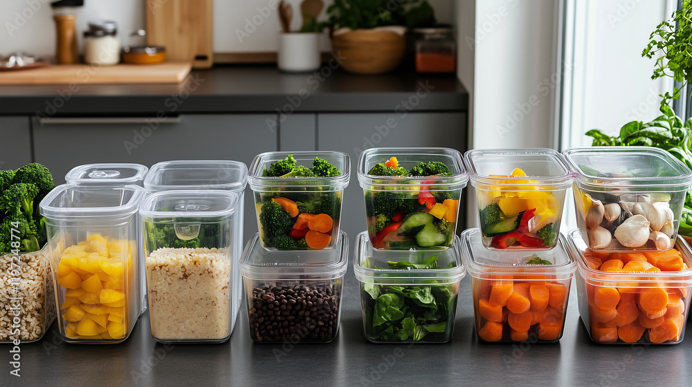 Food storage containers with various vegetables and grains organized on a kitchen counter.Photos for magazines, for food delivery, banner Food storage containers with various vegetables and grains organized on a kitchen counter.Photos for magazines, for food delivery, banner