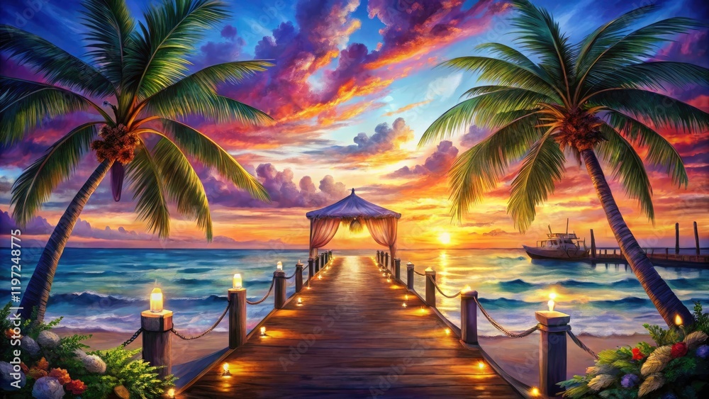 Fototapeta premium Watercolor captures a dreamy night wedding scene: sunset, palm tree silhouette, rustic dock.