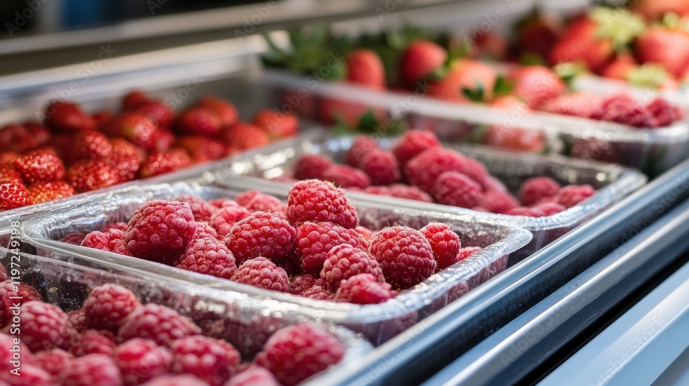 Frozen Raspberries and Strawberries in a Refrigerated Display Frozen Raspberries and Strawberries in a Refrigerated Display