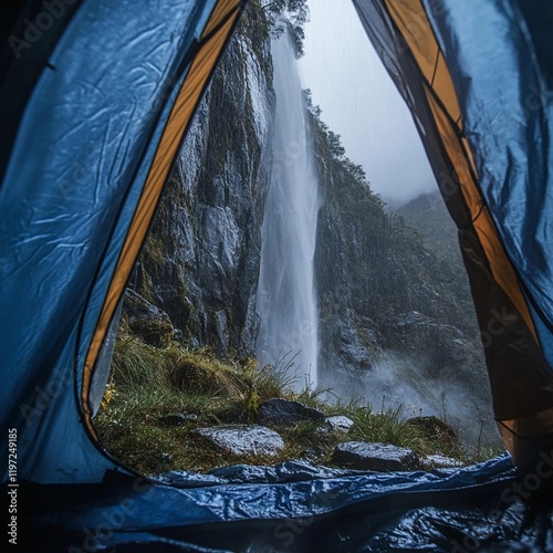 Cascade waterfall viewed from inside a camping tent during a rainy day in a remote mountainous region photo