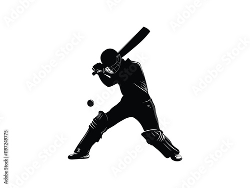 Cricket Batsman Silhouette Mid-Swing Vector Art
