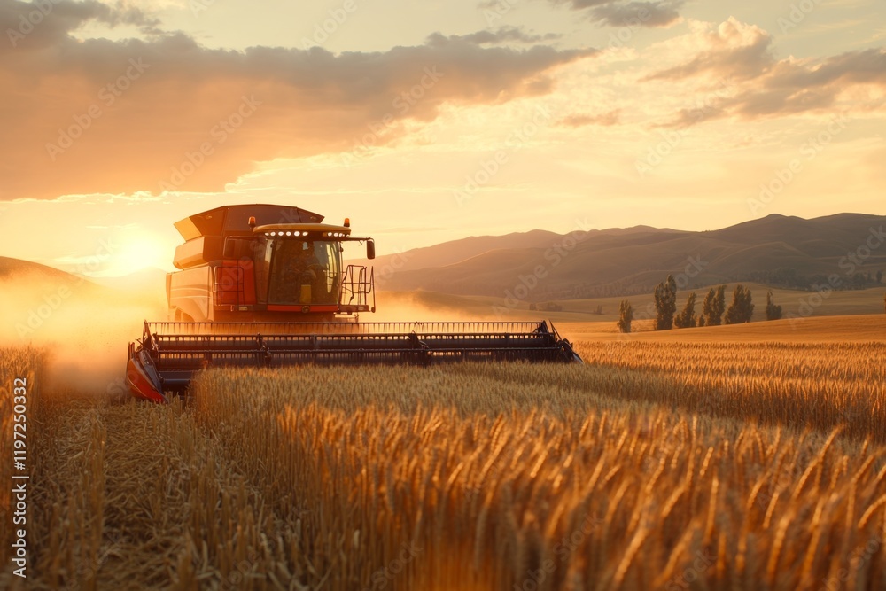 Fototapeta premium A combine harvester working in a vast wheat field at sunset, with golden light reflecting off the machinery