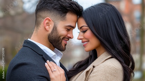 Happy couple sharing a tender moment in an urban setting