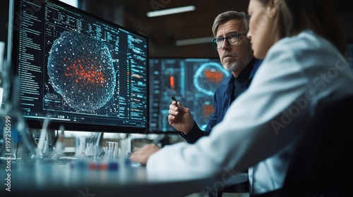 A diverse group of scientists analyzes data on large screens, showcasing cutting-edge research in a modern laboratory environment. photo