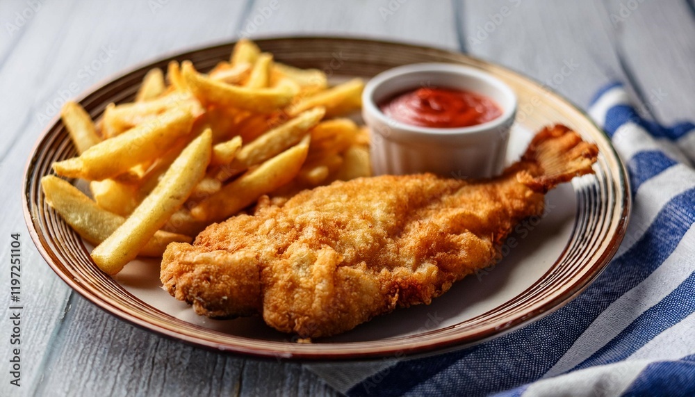 crispy fried fish with golden fries and delicious dipping sauce on a vintage plate with a napkin crispy fried fish with golden fries and delicious dipping sauce on a vintage plate with a napkin