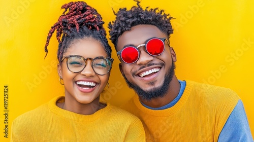 Joyful Couple Smiling Against Vibrant Yellow Backdrop photo