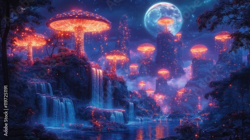 Glowing mushroom forest at night, waterfalls, full moon, fantasy landscape.