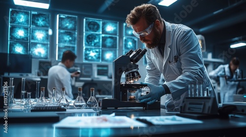 A focused European scientist in a lab coat examines samples under a microscope in a modern laboratory filled with scientific equipment. photo