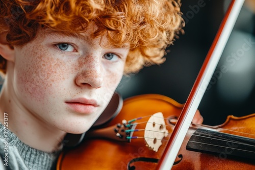 A dramatic performance by an orchestra, with the spotlight on the lead violinist in mid-solo