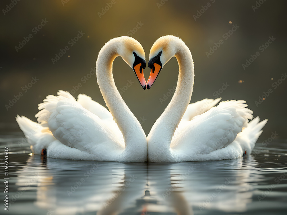 Fototapeta premium Two swans forming a heart shape with their necks on a serene lake.