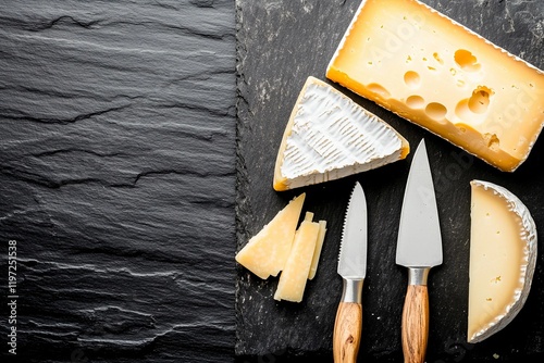 Cheese assortment displayed artistically on black slate with knives ready for serving photo