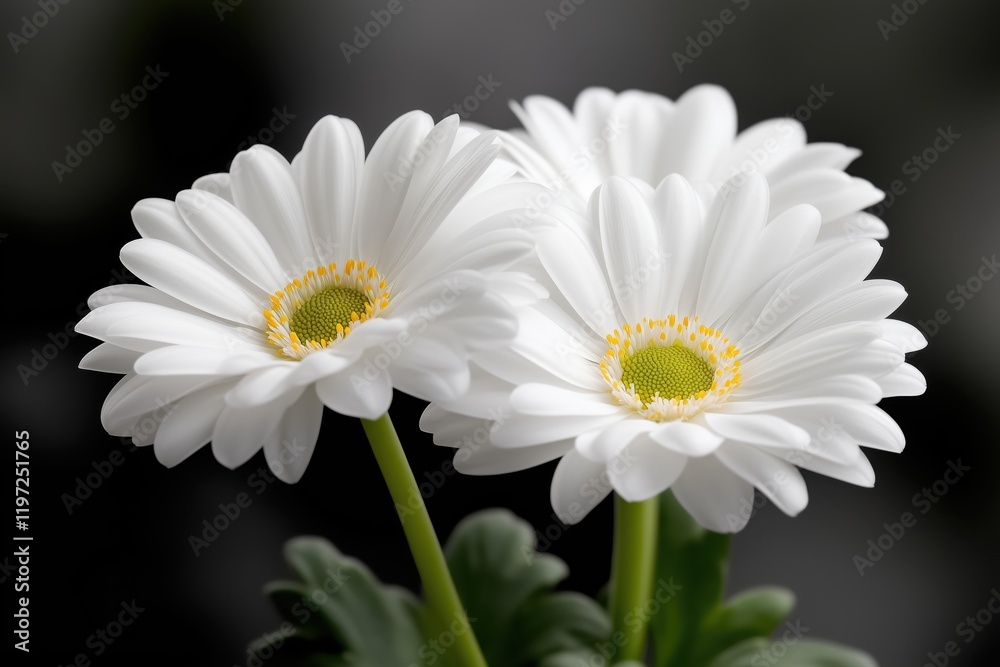 Fototapeta premium Beautiful white daisies blooming with vibrant yellow centers in a soft focus background