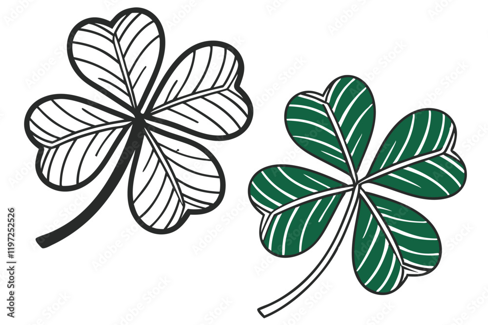 Obraz premium Four-leaf clover, Celtic symbol, St. Patrick's Day icon, green shamrock, white outline, black silhouette, tricolor design, Irish emblem, luck charm, minimalist illustration, motif,
