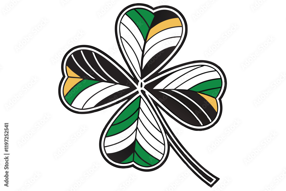 Obraz premium Four-leaf clover, Celtic symbol, St. Patrick's Day icon, green shamrock, white outline, black silhouette, tricolor design, Irish emblem, luck charm, minimalist illustration, motif,