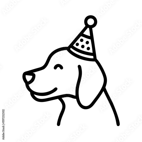 Dog wearing birthday hat, joyful mood, celebrating birthday, simple black line art design