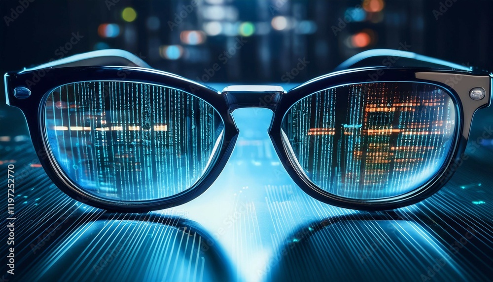 a close up of glasses reflecting digital data symbolizing technology analysis and the intersection of vision and information a close up of glasses reflecting digital data symbolizing technology analysis and the intersection of vision and information